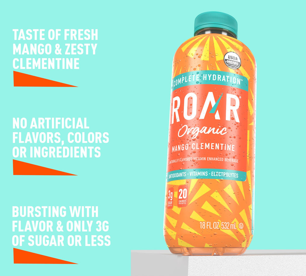 Roar Organic etiqueta nutricional visible informando vitaminas y electrolitos