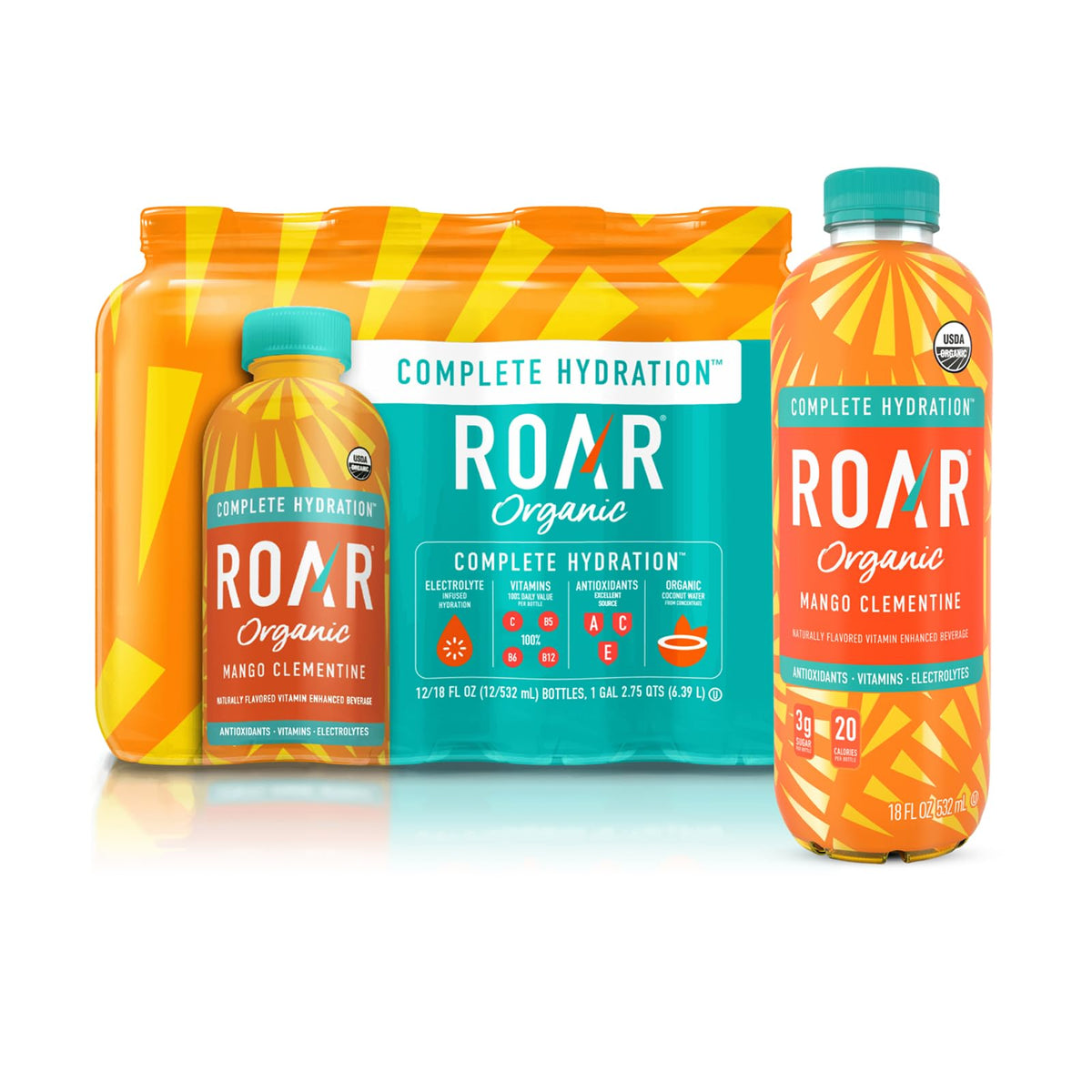 Roar Organic frontal del envase Mango Clementine mostrando ingredientes
