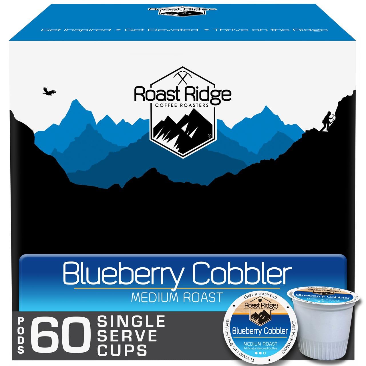 Roast Ridge frente del paquete mostrando 60 cápsulas y sabor Blueberry Cobbler, conveniencia diaria