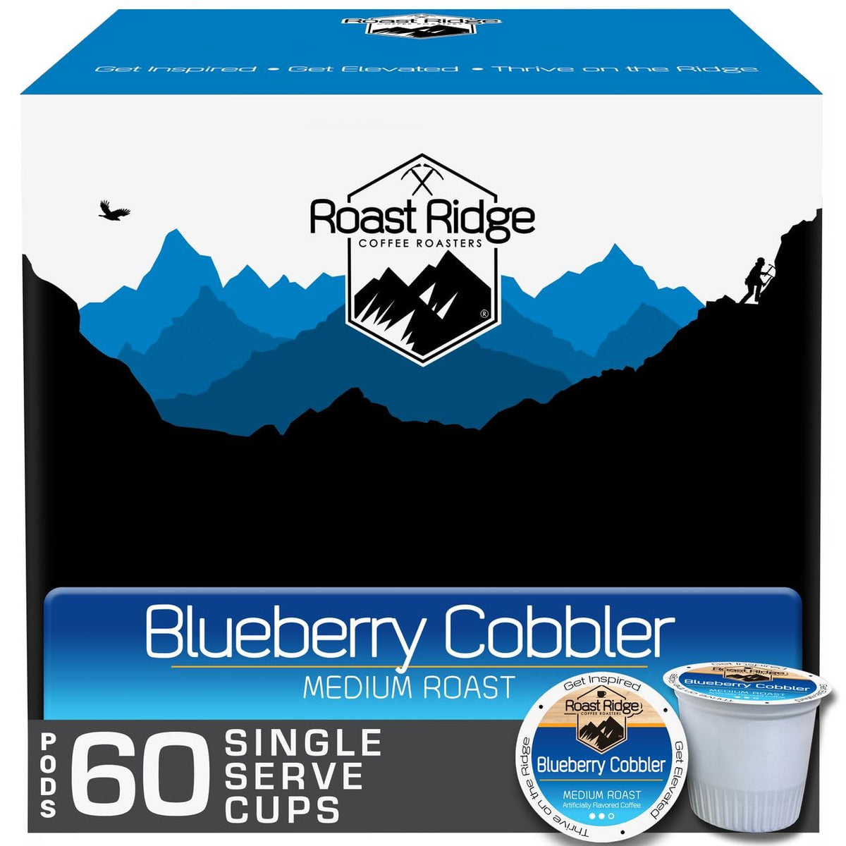 Roast Ridge frente del paquete mostrando 60 cápsulas y sabor Blueberry Cobbler, conveniencia diaria
