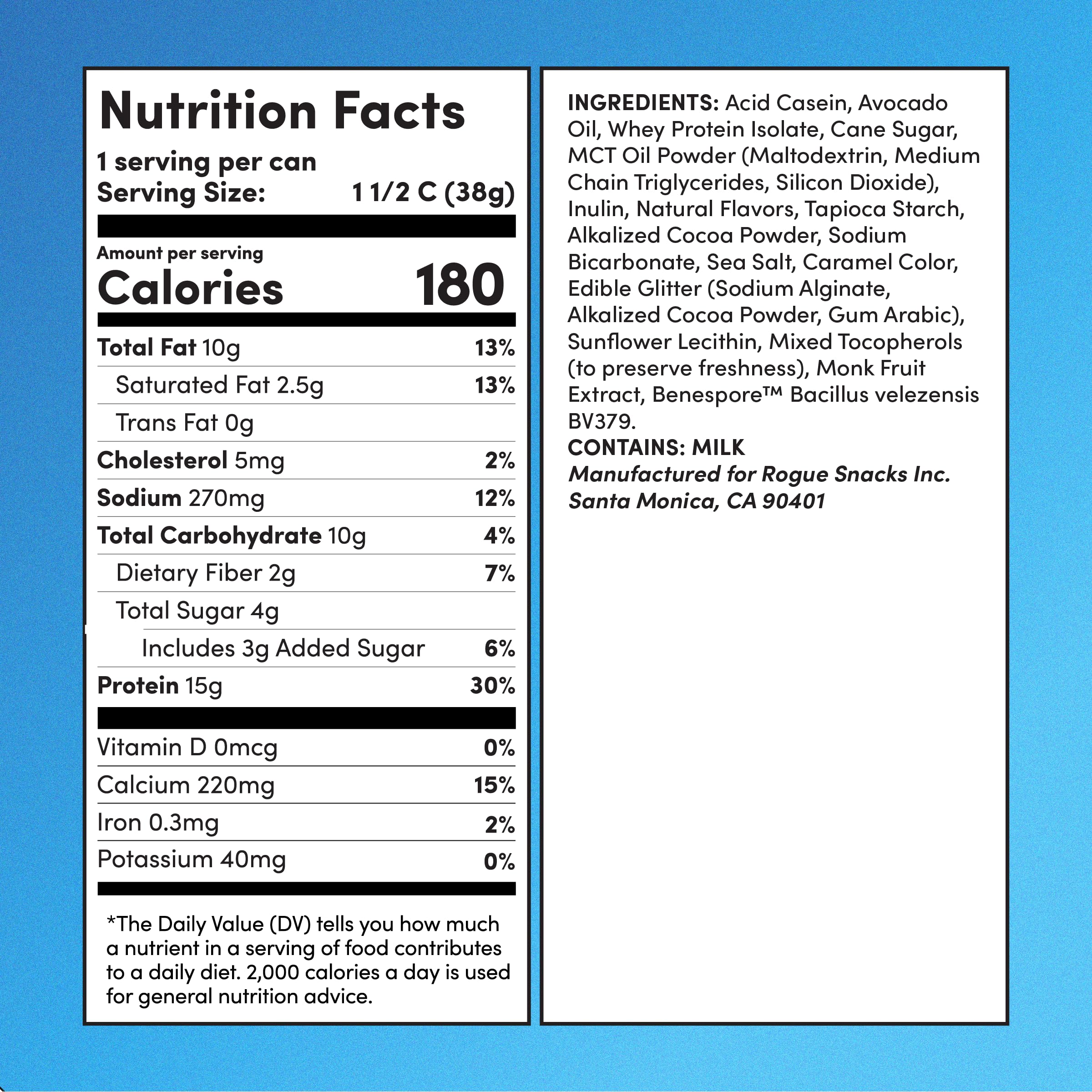 Rogue Snacks etiqueta de ingredientes resaltando sin aceites de semillas