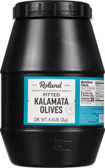 Roland Foods vista frontal del envase grande de aceitunas Kalamata, lista para usar