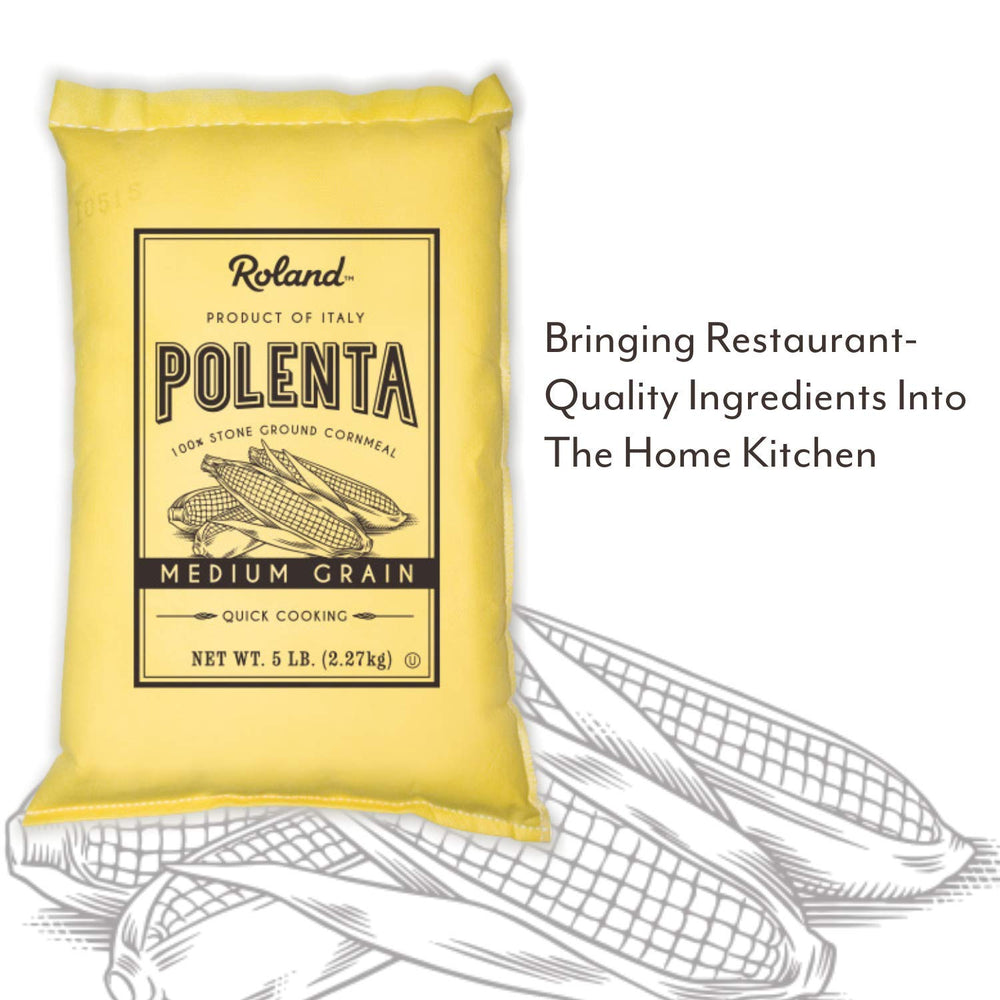 Roland Foods textura de polenta molida a la piedra mostrando grano medio y aspecto natural