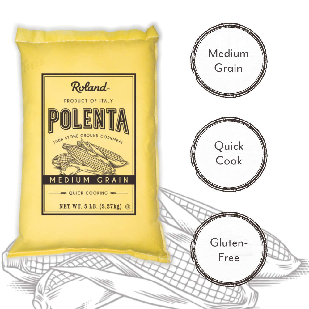 Roland Foods polenta en vaso de medir demostrando rendimiento y proporción de cocción