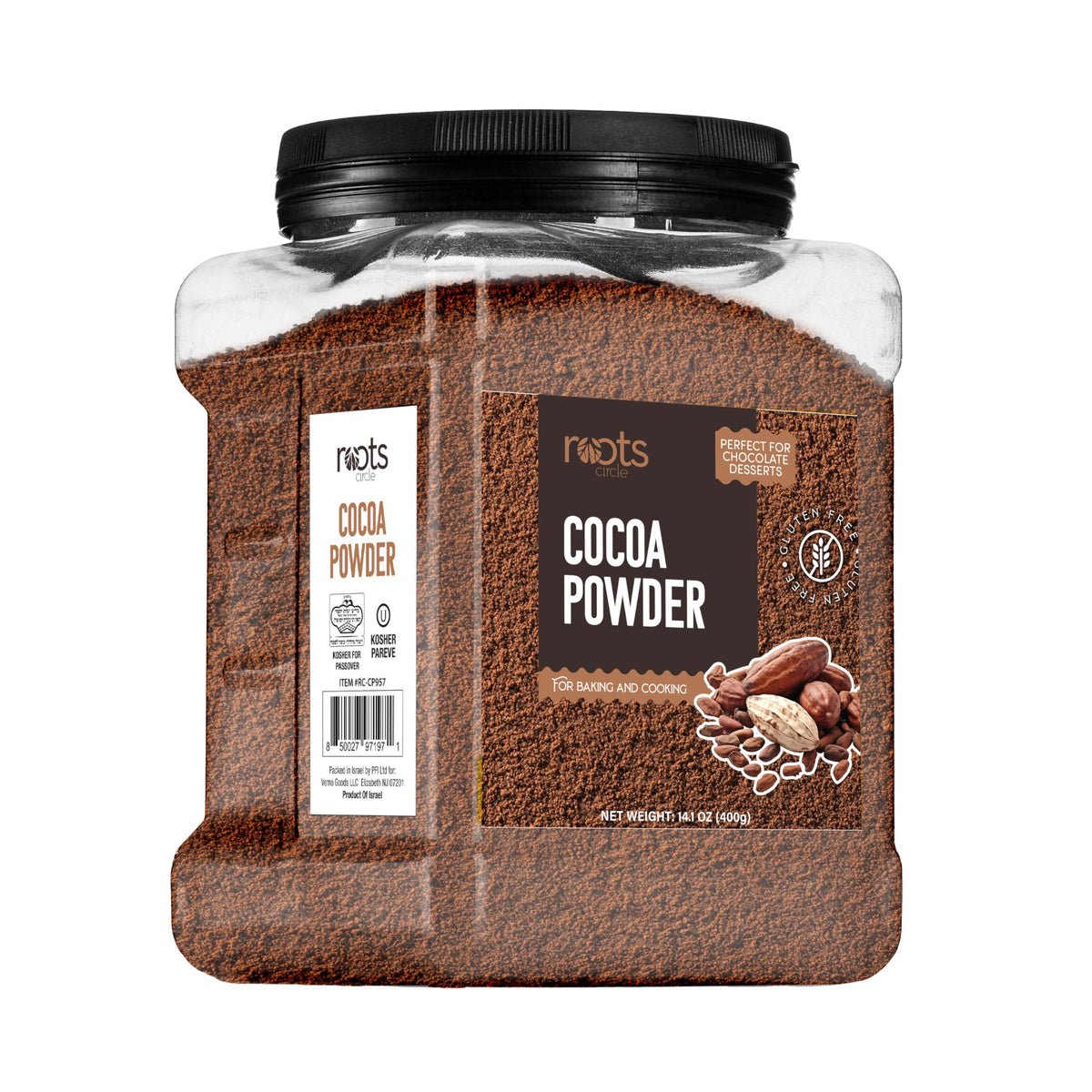 Roots Circle frasco frontal mostrando cacao en polvo, conserva sabor intenso