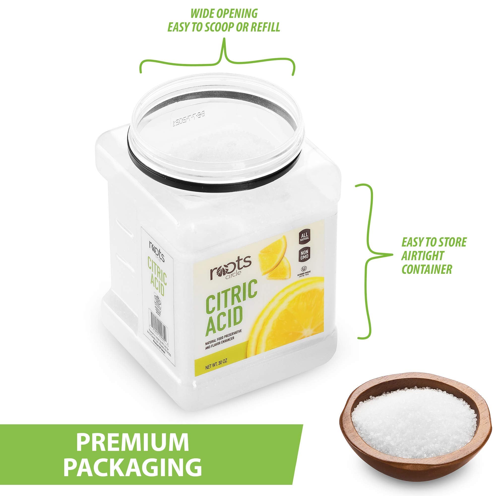 Roots Circle junto a objetos para comparar tamaño del envase y rendimiento