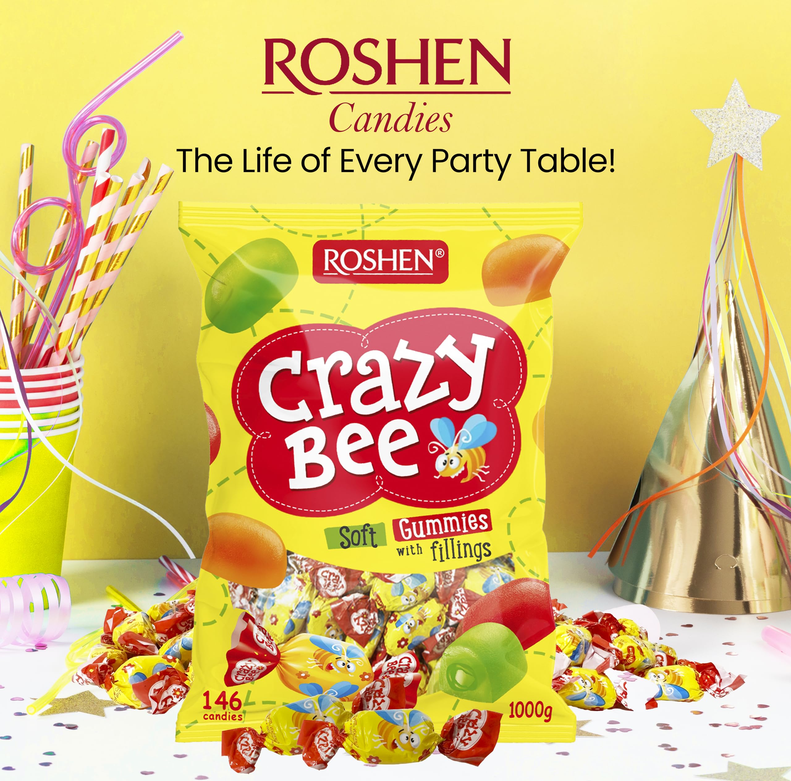 Roshen Crazy Bee comparación de tamaño en mano que muestra porción ideal