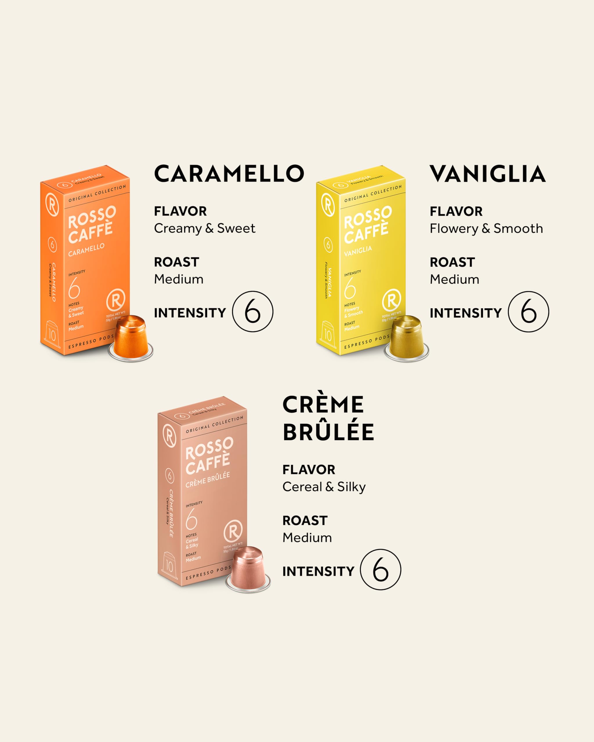 ROSSO CAFFÈ cápsulas abiertas con granos y esencias, destaca sabores Vainilla Caramelo