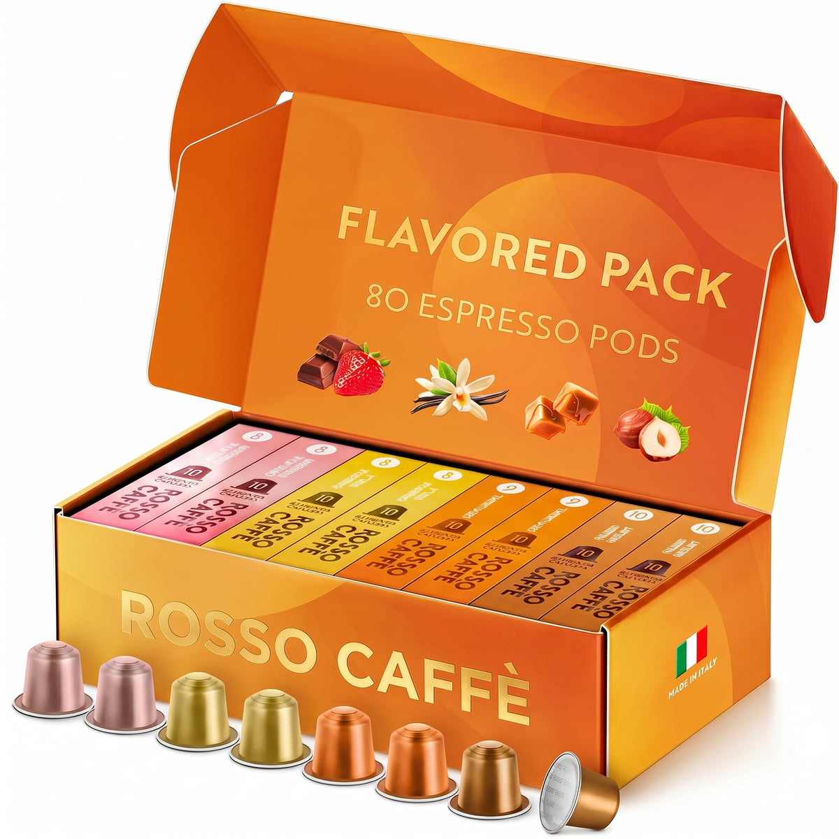 ROSSO CAFFÈ pack frontal mostrando 80 cápsulas y cuatro sabores, conveniencia inmediata