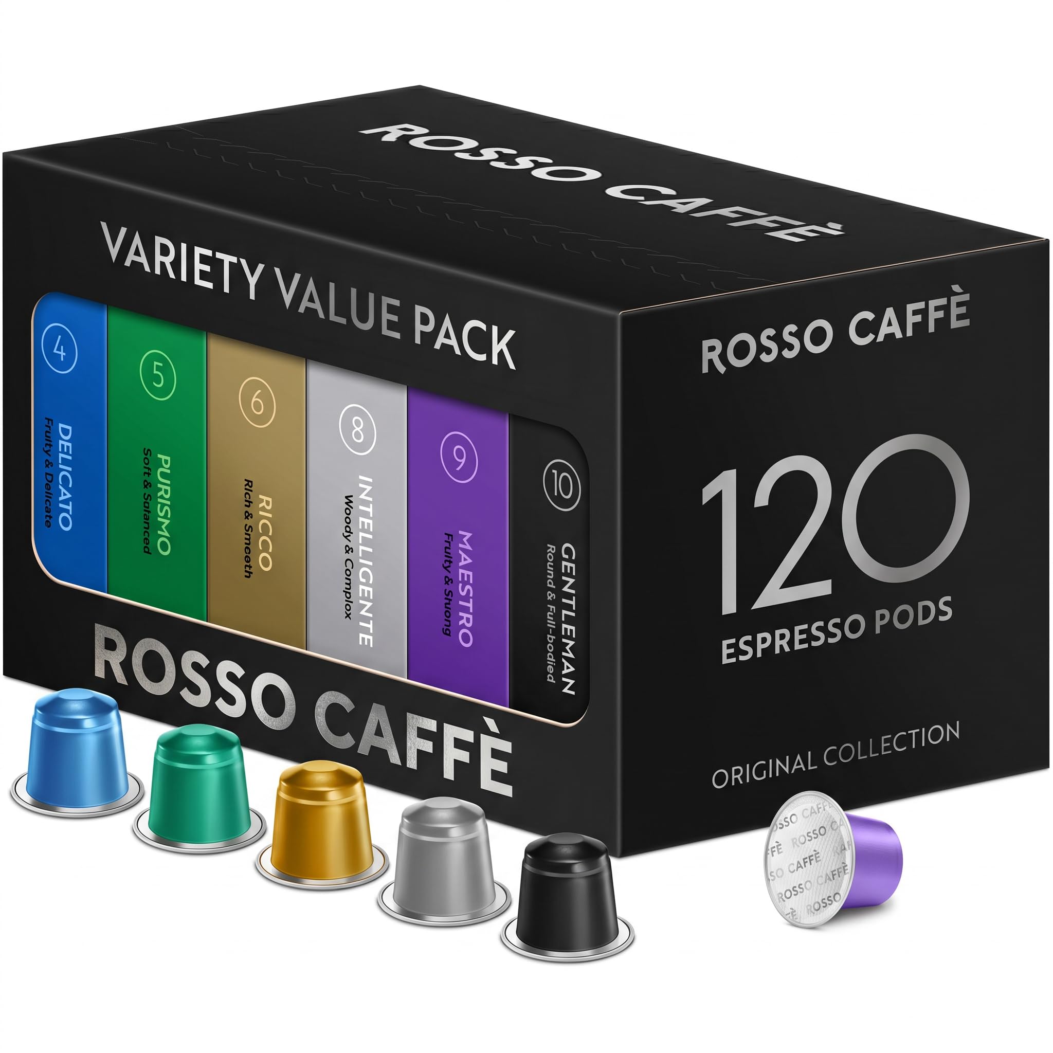 ROSSO CAFFÈ envase frontal mostrando 120 cápsulas y variedad de mezclas