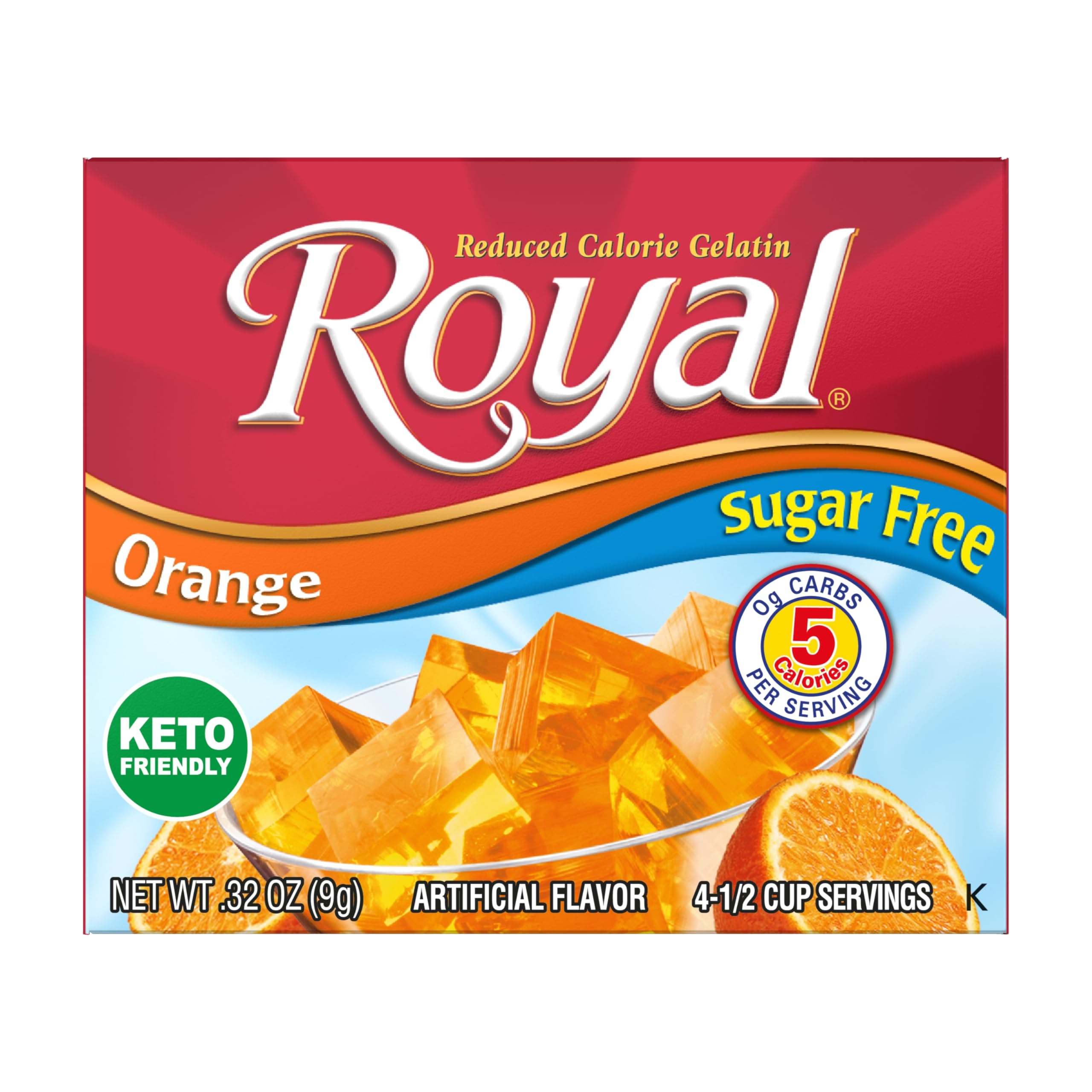 Caja Royal sabor fresa enfocada al frente que facilita identificación rápida del sabor