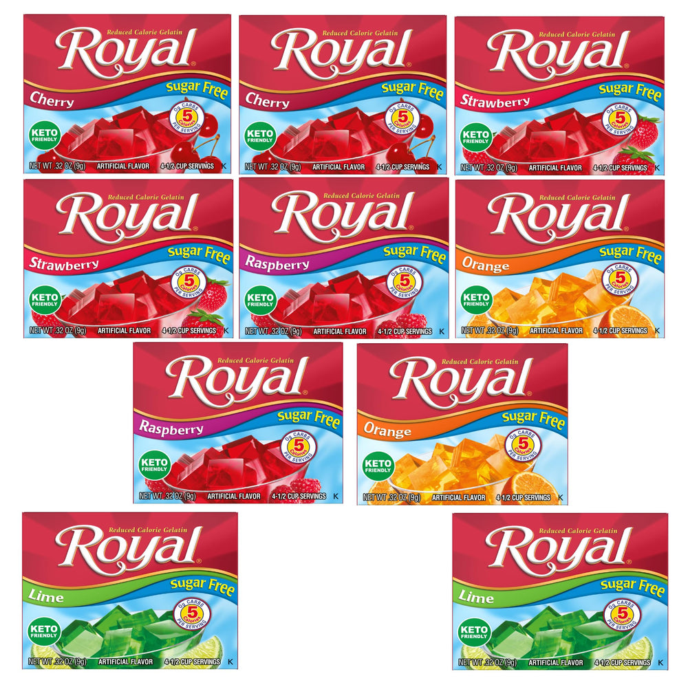 Royal paquete frontal de 10 cajas mostrando los cinco sabores para variedad práctica