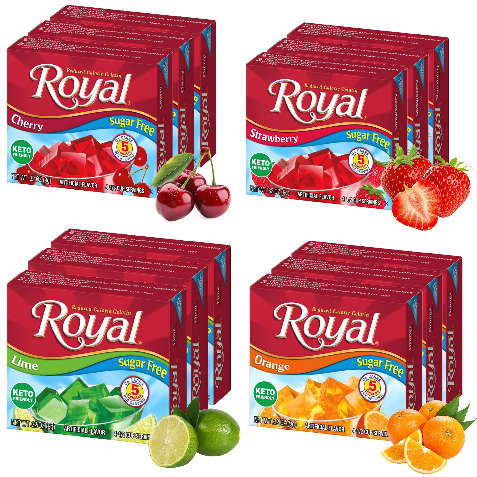 Royal gelatina pack frontal mostrando colores y sabores, conveniencia inmediata