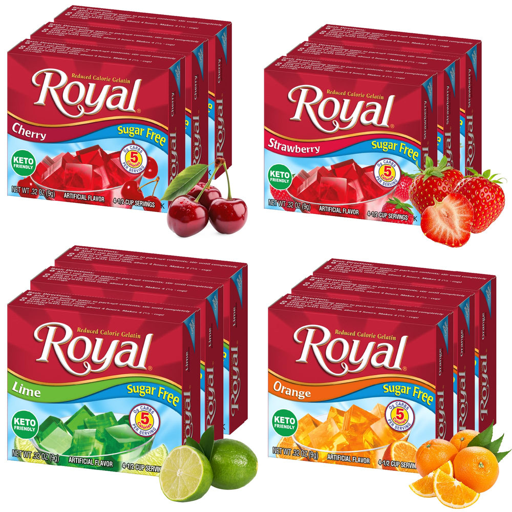 Royal gelatina pack frontal mostrando colores y sabores, conveniencia inmediata