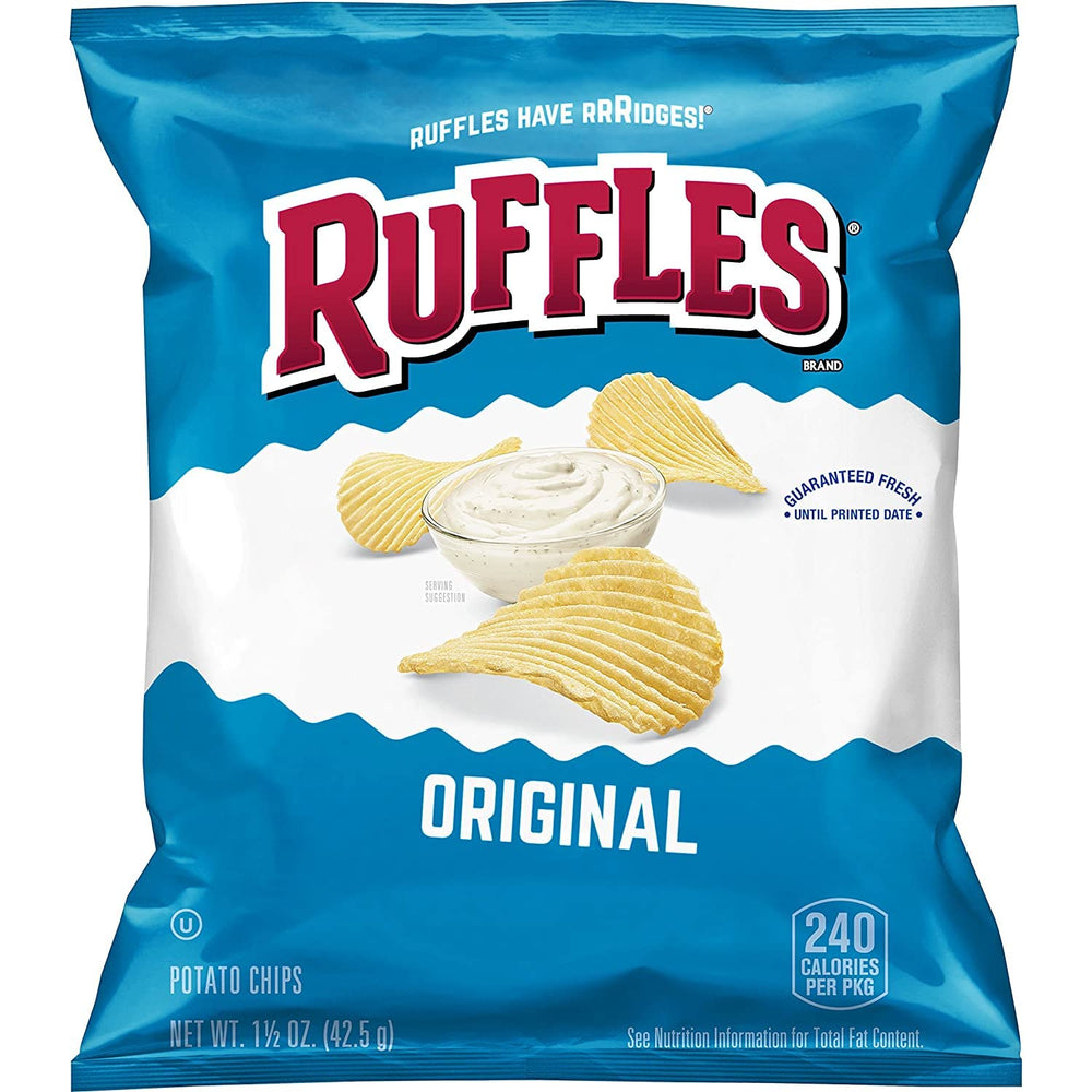 Ruffles comparación de tamaño en mano indicando porción individual