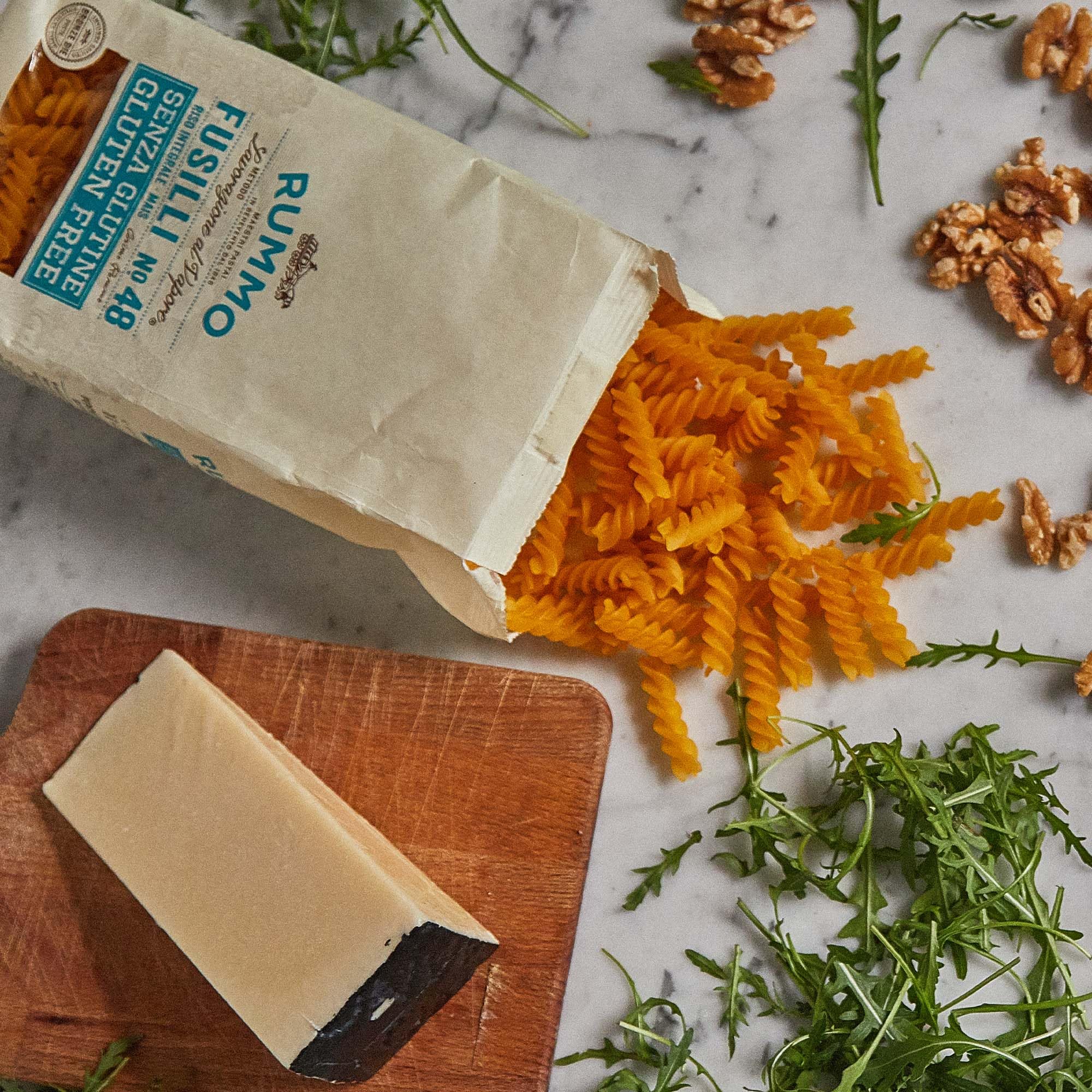 Rummo fusilli etiqueta que indica hecho en Italia y calidad