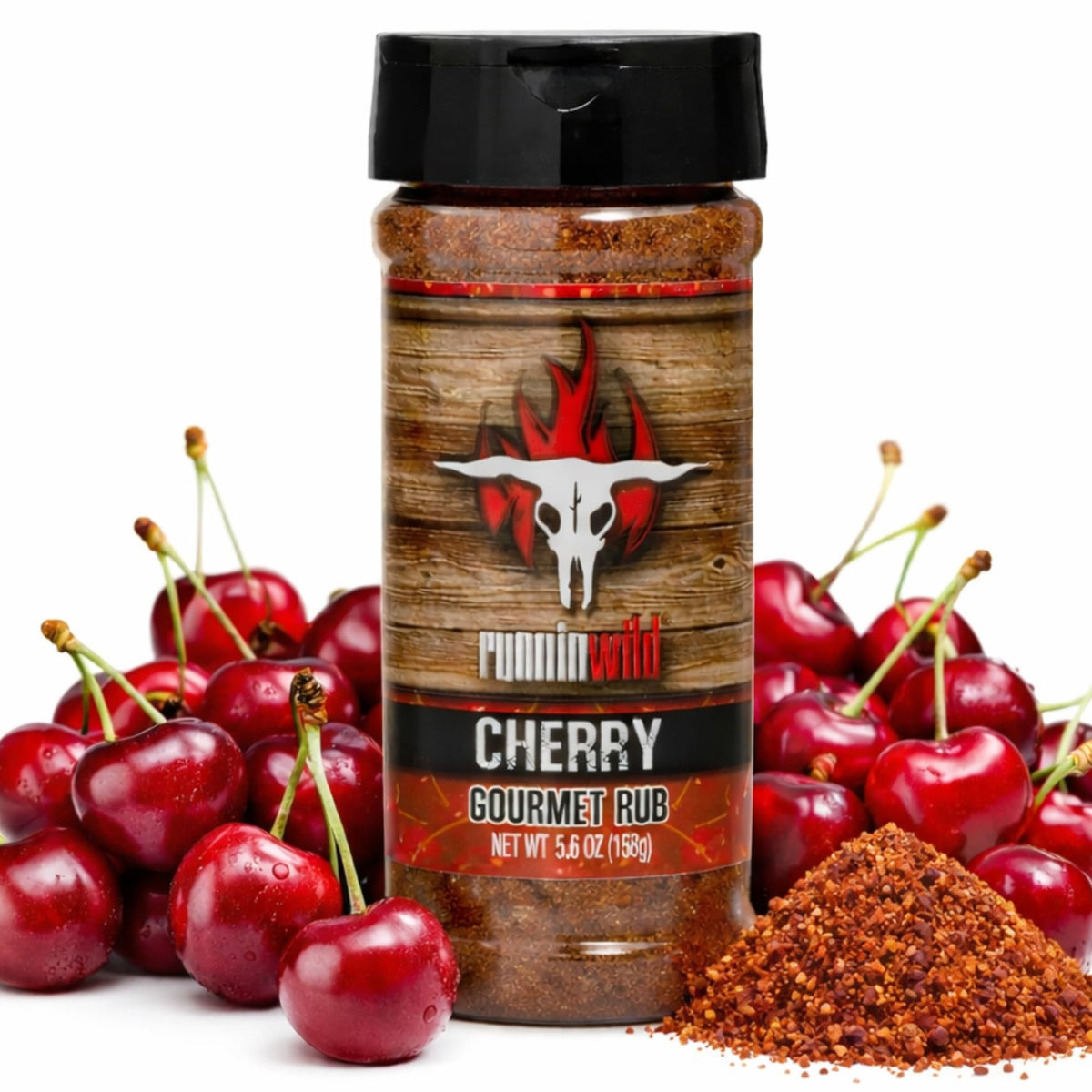 RunninWild frente del envase Cherry Rub mostrando etiqueta y beneficio gourmet