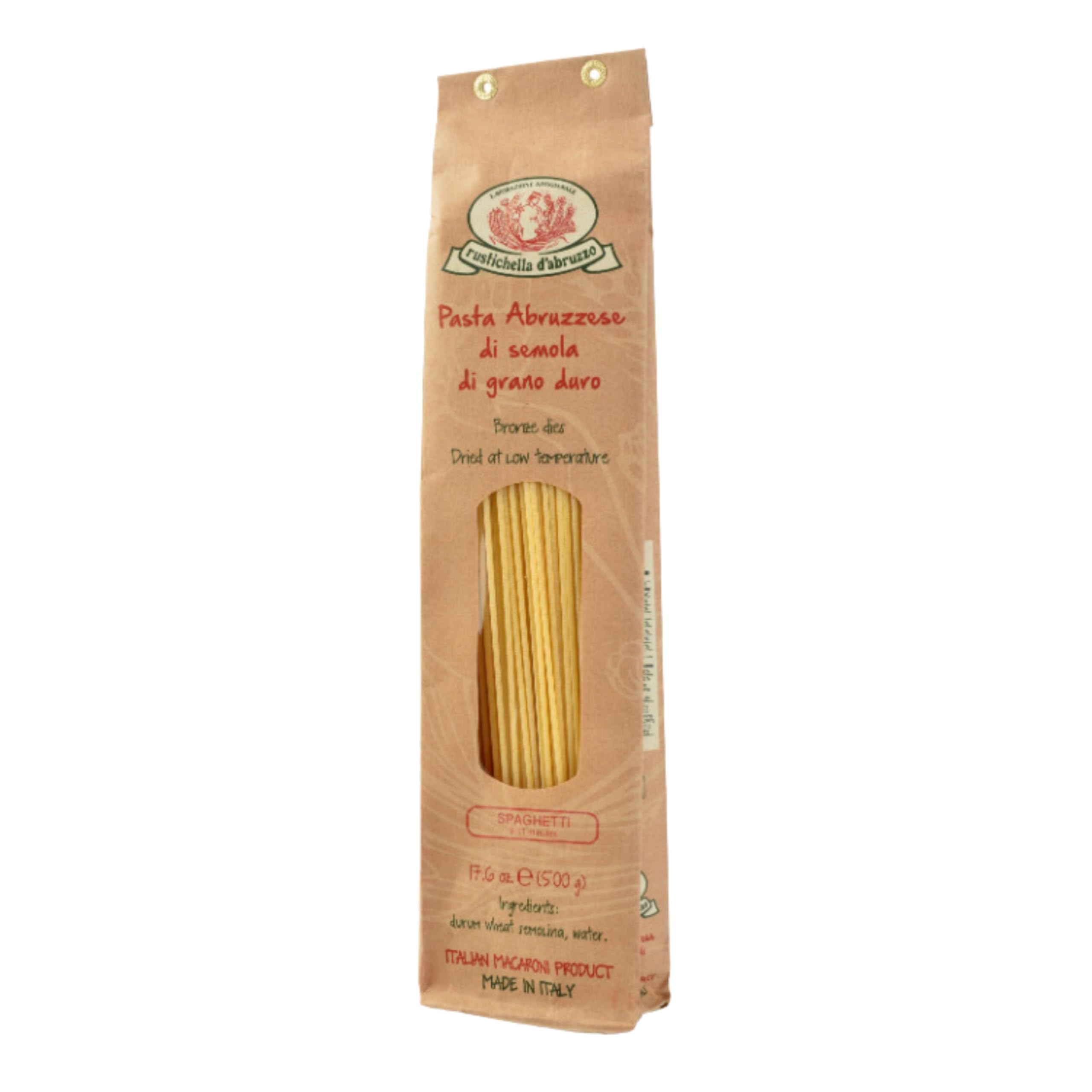 Rustichella d'Abruzzo paquete frontal mostrando 500g y etiqueta clara