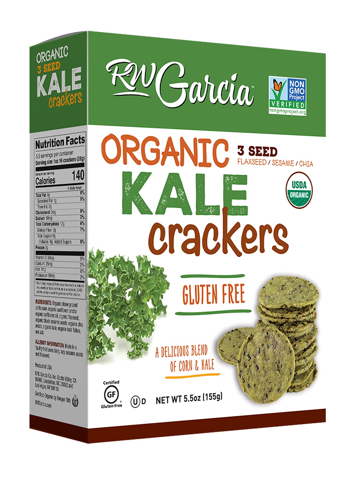 RW Garcia caja frontal de Organic Kale Crackers muestra diseño y peso
