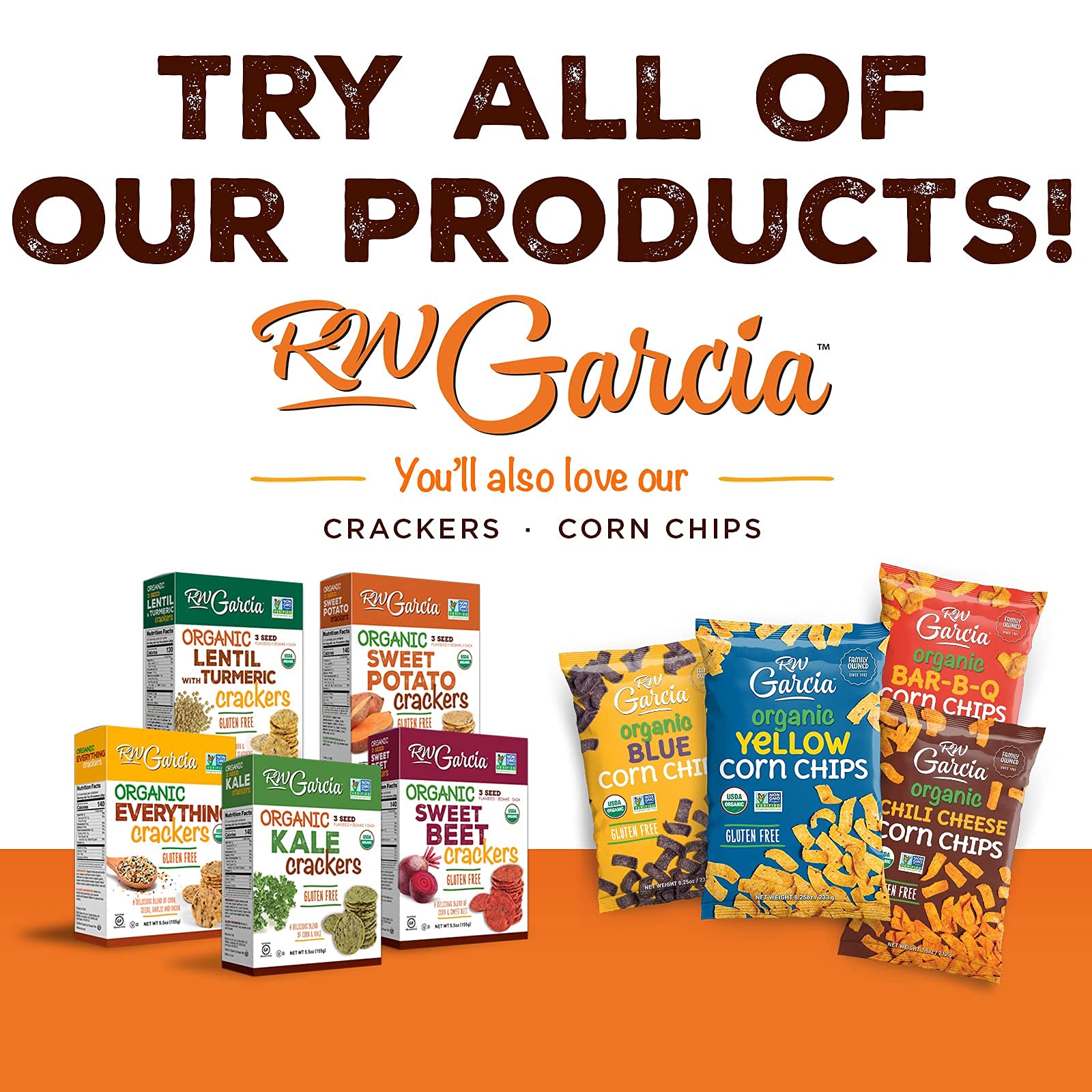 RW Garcia etiqueta con sellos USDA Organic y Gluten Free para confianza
