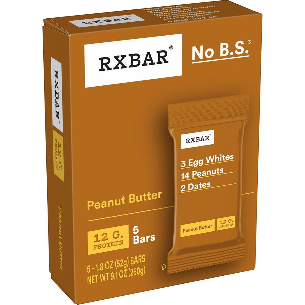 RXBAR caja abierta con cinco barras embaladas para fácil almacenamiento