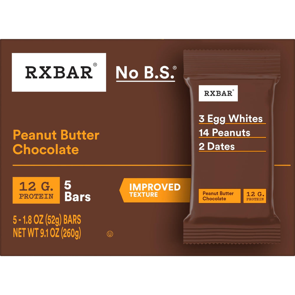RXBAR caja abierta con cinco barras para visual de cantidad y almacenamiento