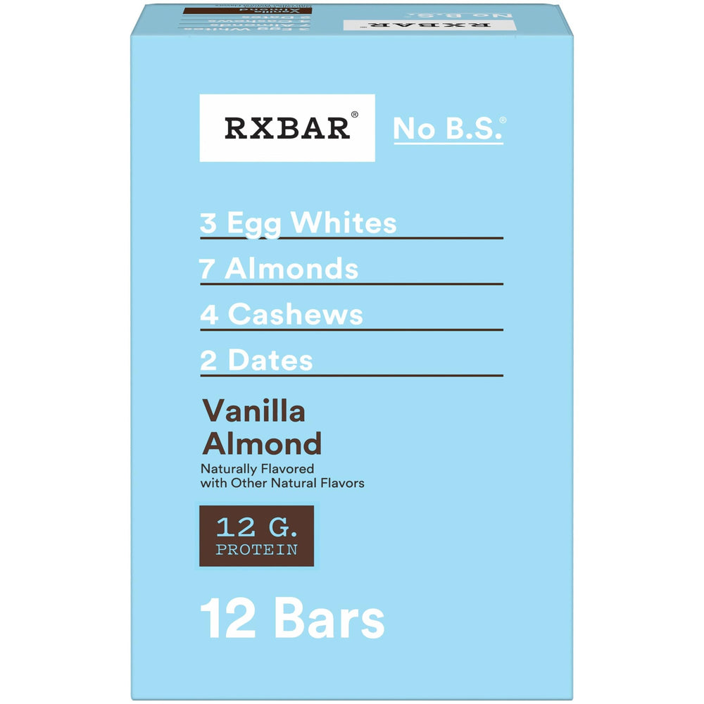 RXBAR caja frontal Vanilla Almond mostrando beneficio snack práctico