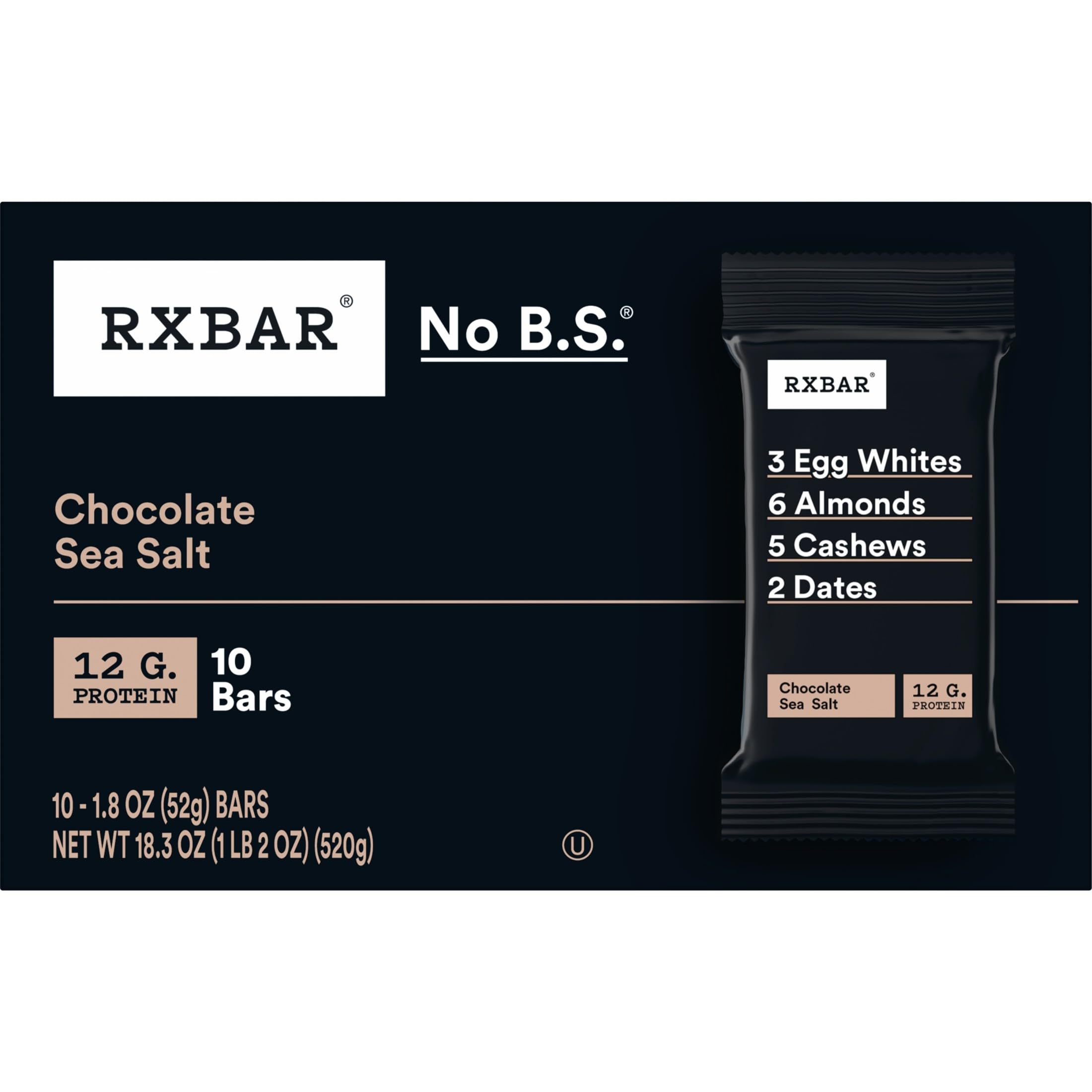 RXBAR caja abierta con 10 barras organizadas para almacenamiento fácil