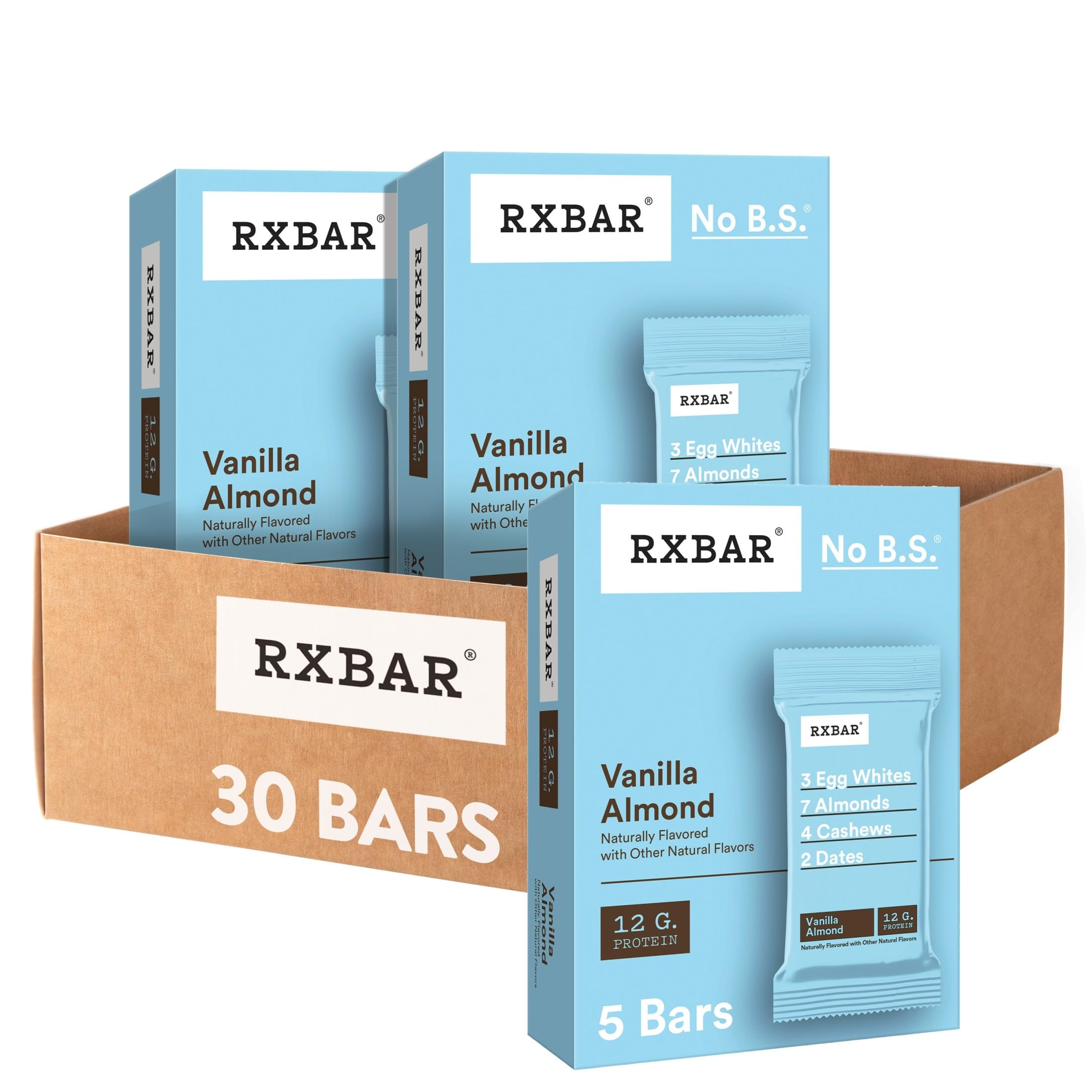 RXBAR vista frontal de la caja Vainilla Almendra con diseño y sabor