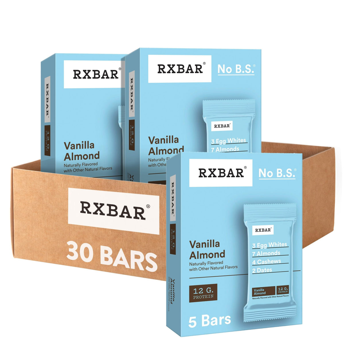 RXBAR vista frontal de la caja Vainilla Almendra con diseño y sabor