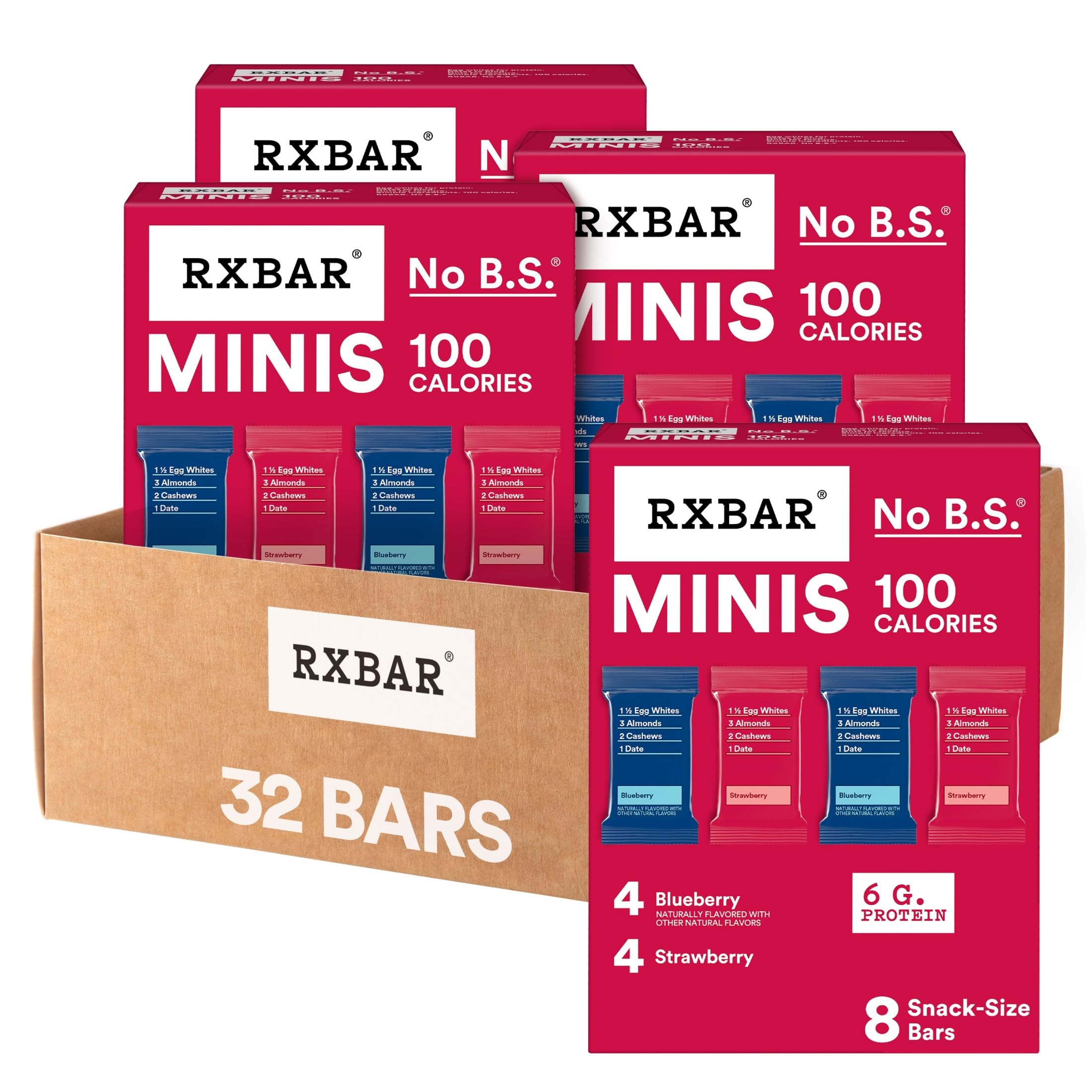 RXBAR Minis frente del empaque mostrando variedades arándano y fresa y conveniencia