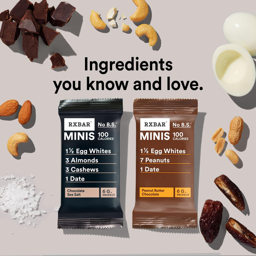RXBAR Minis ingredientes naturales visibles: dátiles, claras y frutos secos