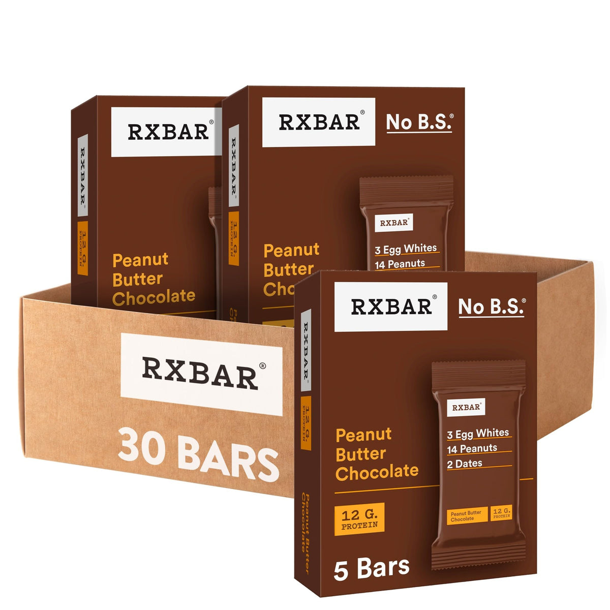 RXBAR paquete frontal mostrando sabor Peanut Butter Chocolate y beneficio práctico
