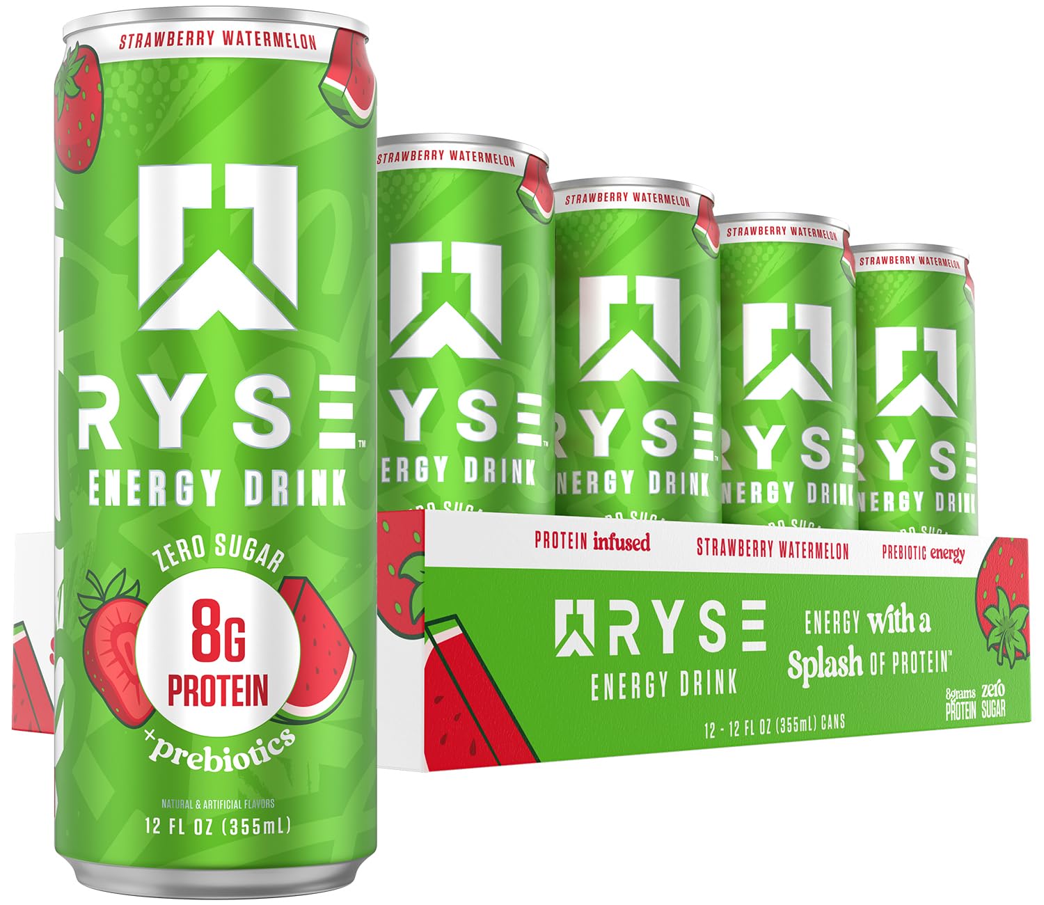 RYSE lata frontal fresa sandía mostrando marca y diseño atractivo