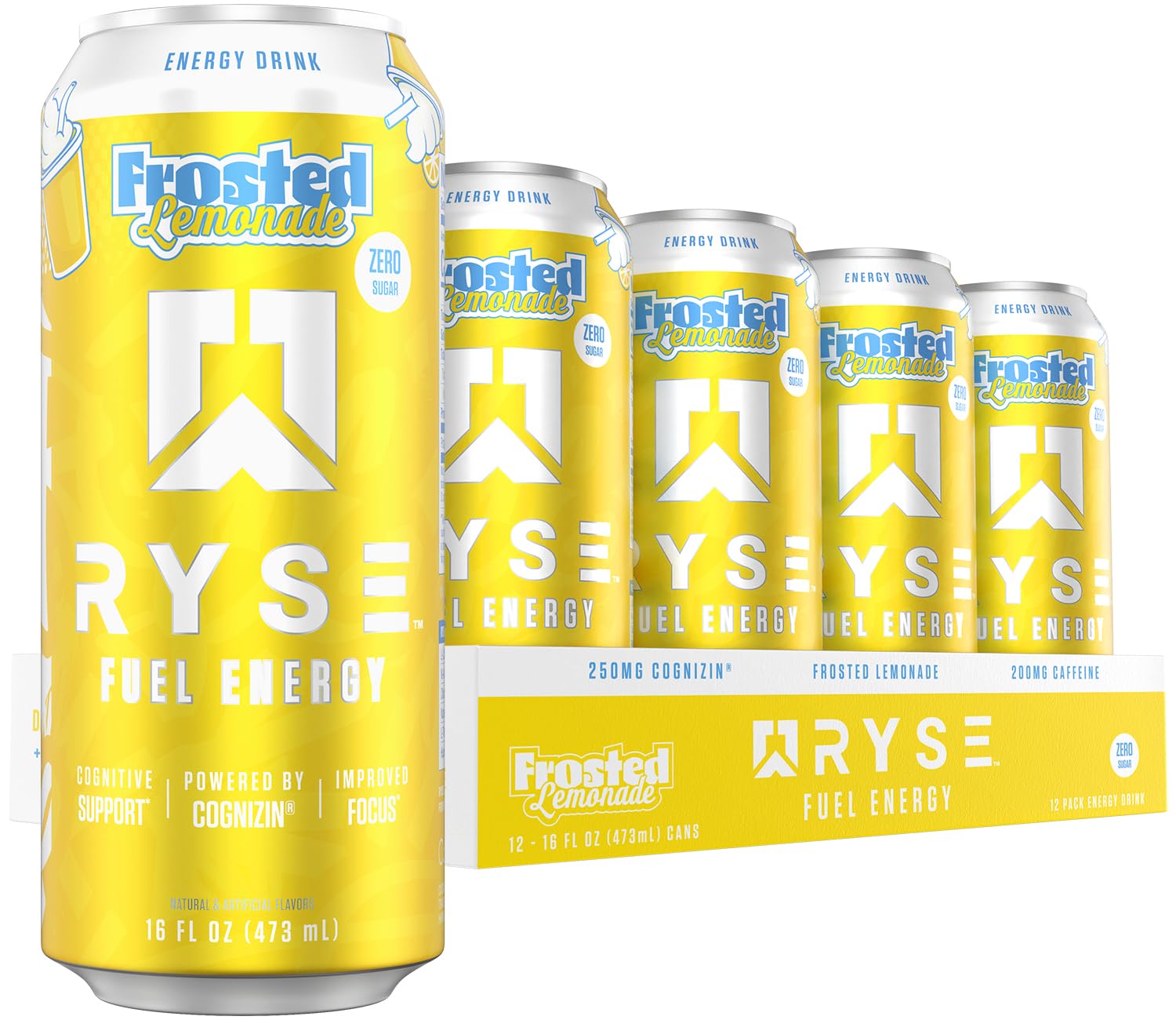 RYSE Fuel lata frente Frosted Lemonade mostrando diseño y energía