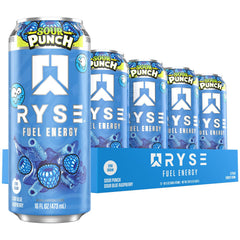 RYSE lata frente Sour Punch Blue Raspberry mostrando diseño y beneficio energía