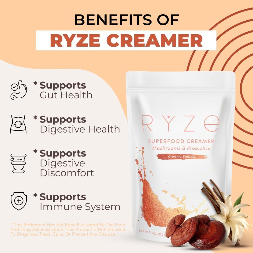 RYZE SUPERFOODS comparación de tamaño con mano para mostrar escala y dosificación práctica