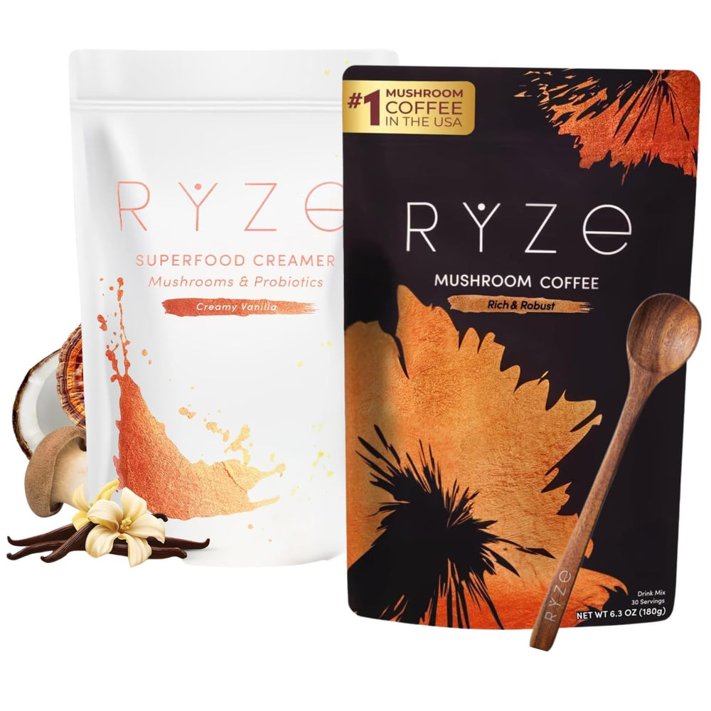 RYZE SUPERFOODS paquete frontal del dark roast mostrando diseño y beneficio sabroso