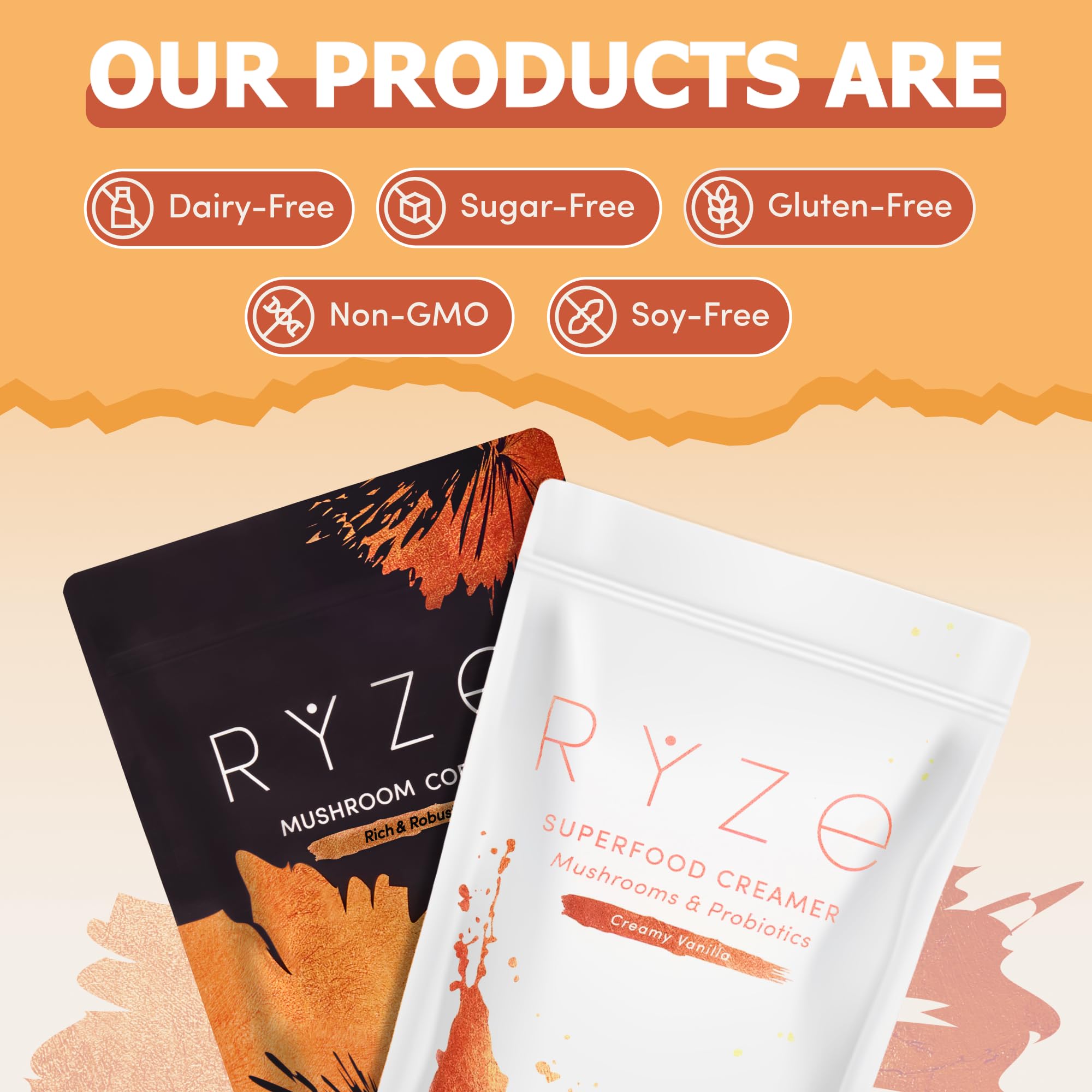 RYZE SUPERFOODS ingredientes con hongos adaptógenos destacados y claridad en la mezcla