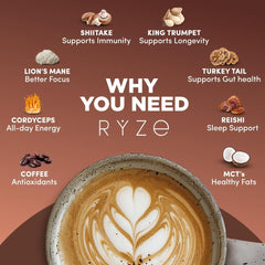 RYZE SUPERFOODS cucharada de polvo mostrando la textura y facilidad de preparación