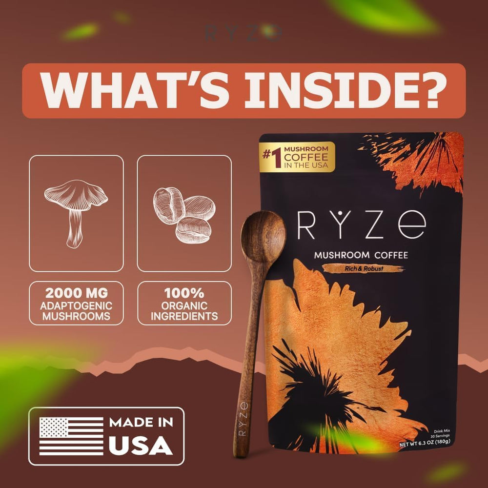 RYZE SUPERFOODS taza servida de café oscuro resaltando cuerpo y color profundo
