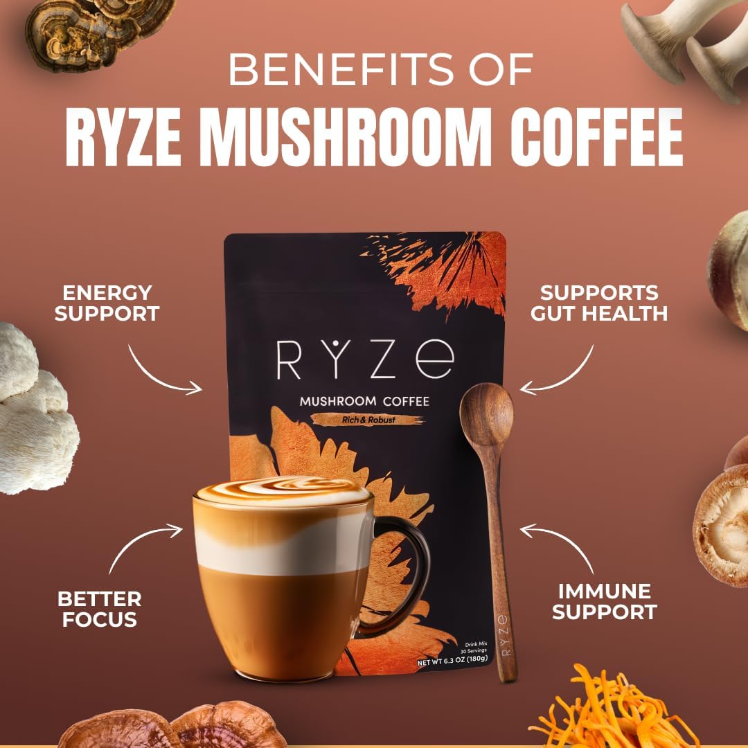 RYZE SUPERFOODS taza preparada en ambiente lifestyle con aspecto intenso y reconfortante