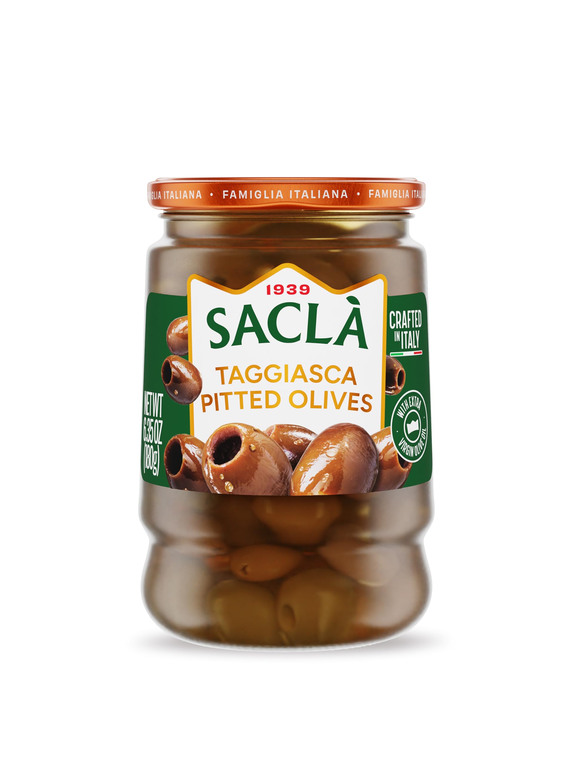 SACLA tarro frontal con aceitunas Taggiasca listo para servir