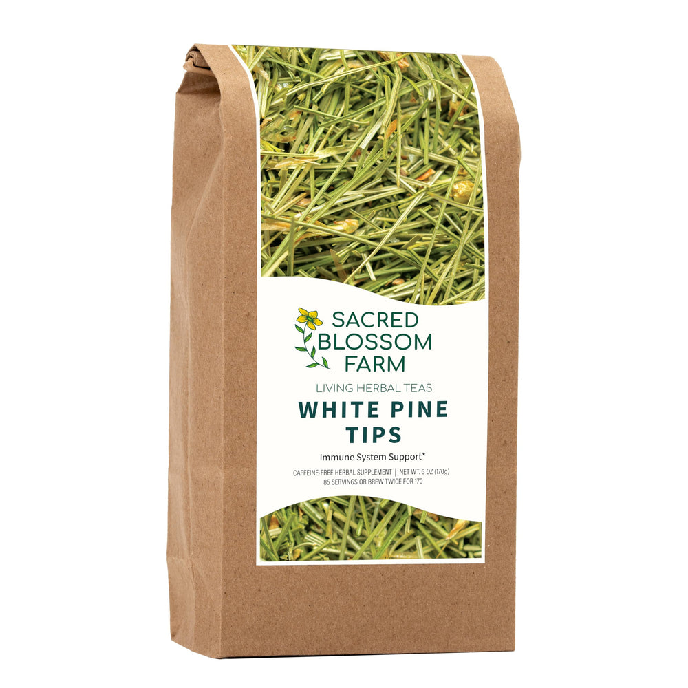 Sacred Blossom Farm empaque frontal del té, muestra origen y beneficio de trazabilidad