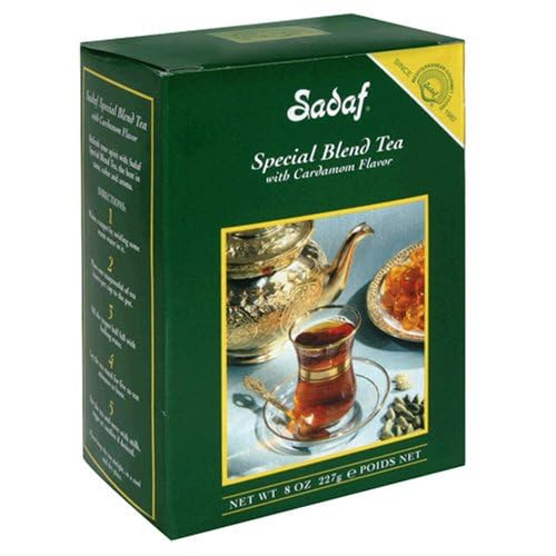 Sadaf caja frontal de té con cardamomo mostrando el empaque y claridad de la mezcla