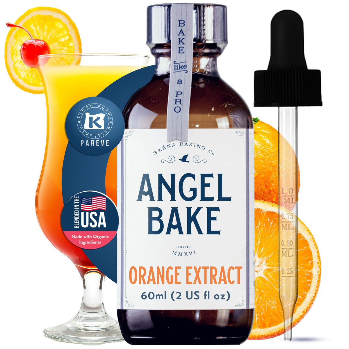 SAENA BAKING CO frasco ámbar 2 oz mostrando presentación y protección contra luz