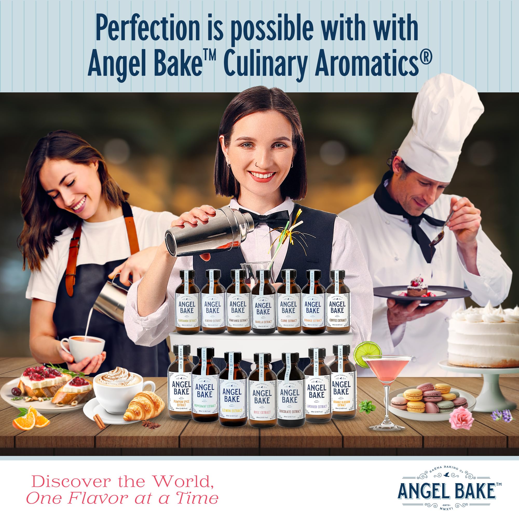 SAENA BAKING CO etiqueta y frasco ámbar, protege el aroma y la calidad