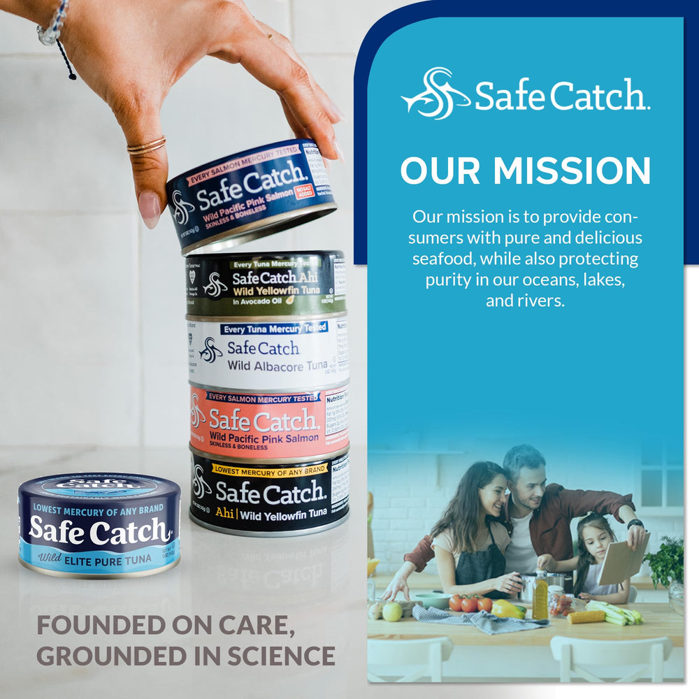 Safe Catch lata junto a regla para comparar tamaño y porción