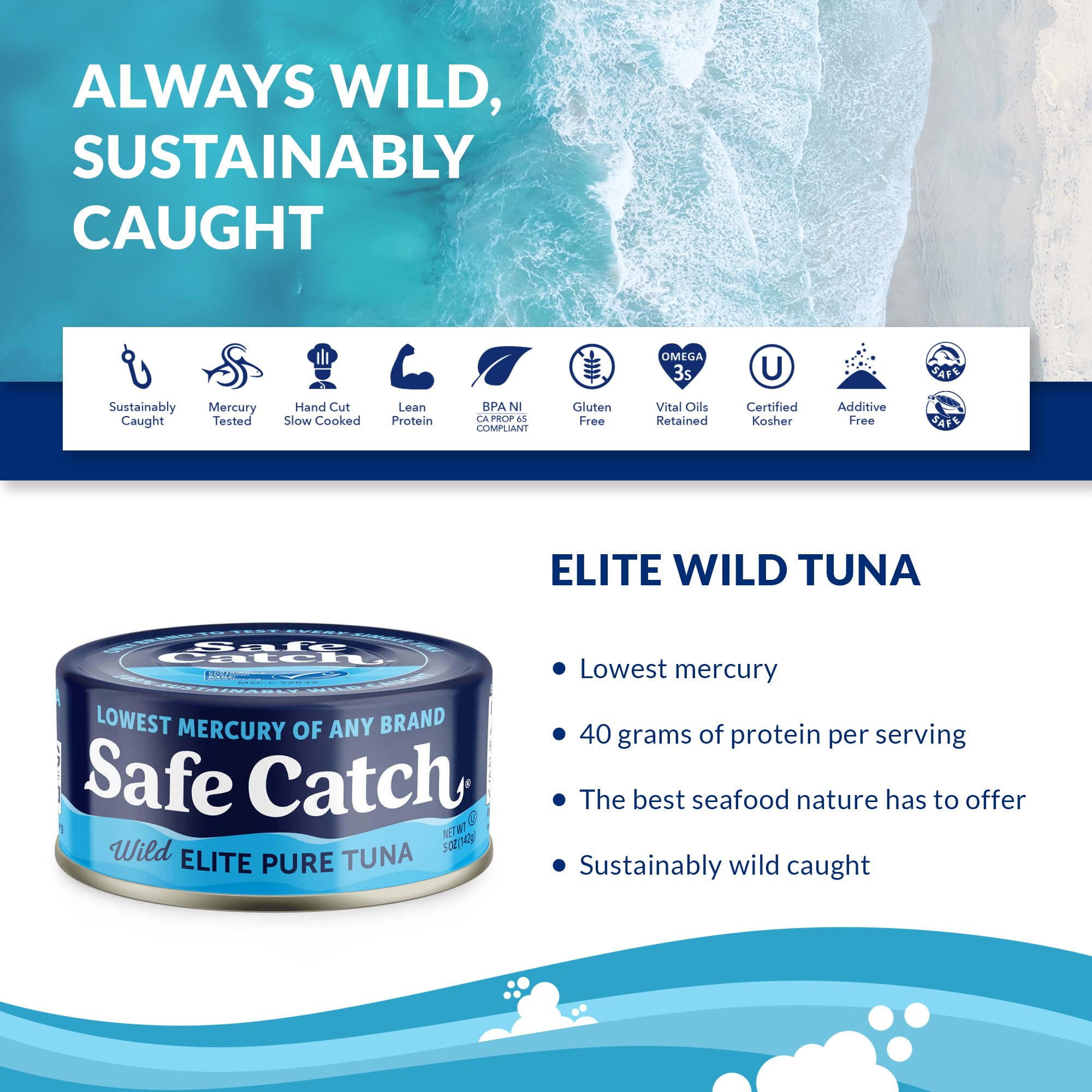 Safe Catch textura de filete de atún en primer plano, apariencia firme