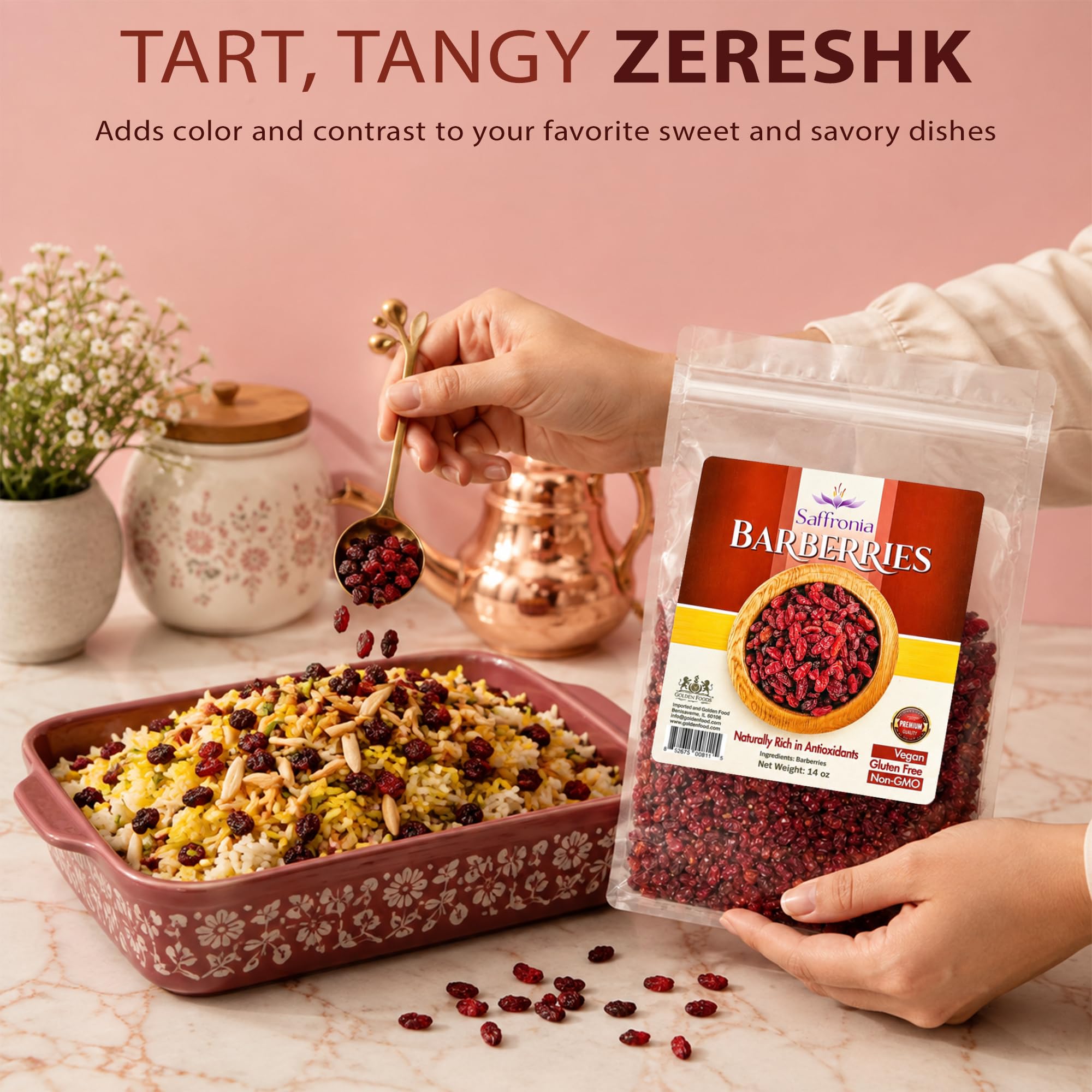 Saffronia paquete 14 oz junto a utensilios para comparar tamaño